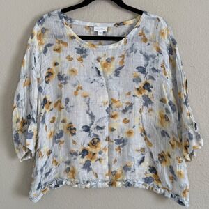 Pure Jill Linen XL Petite Floral Relaxed Fit Blouse Coastal Boho Lagenlook Artsy